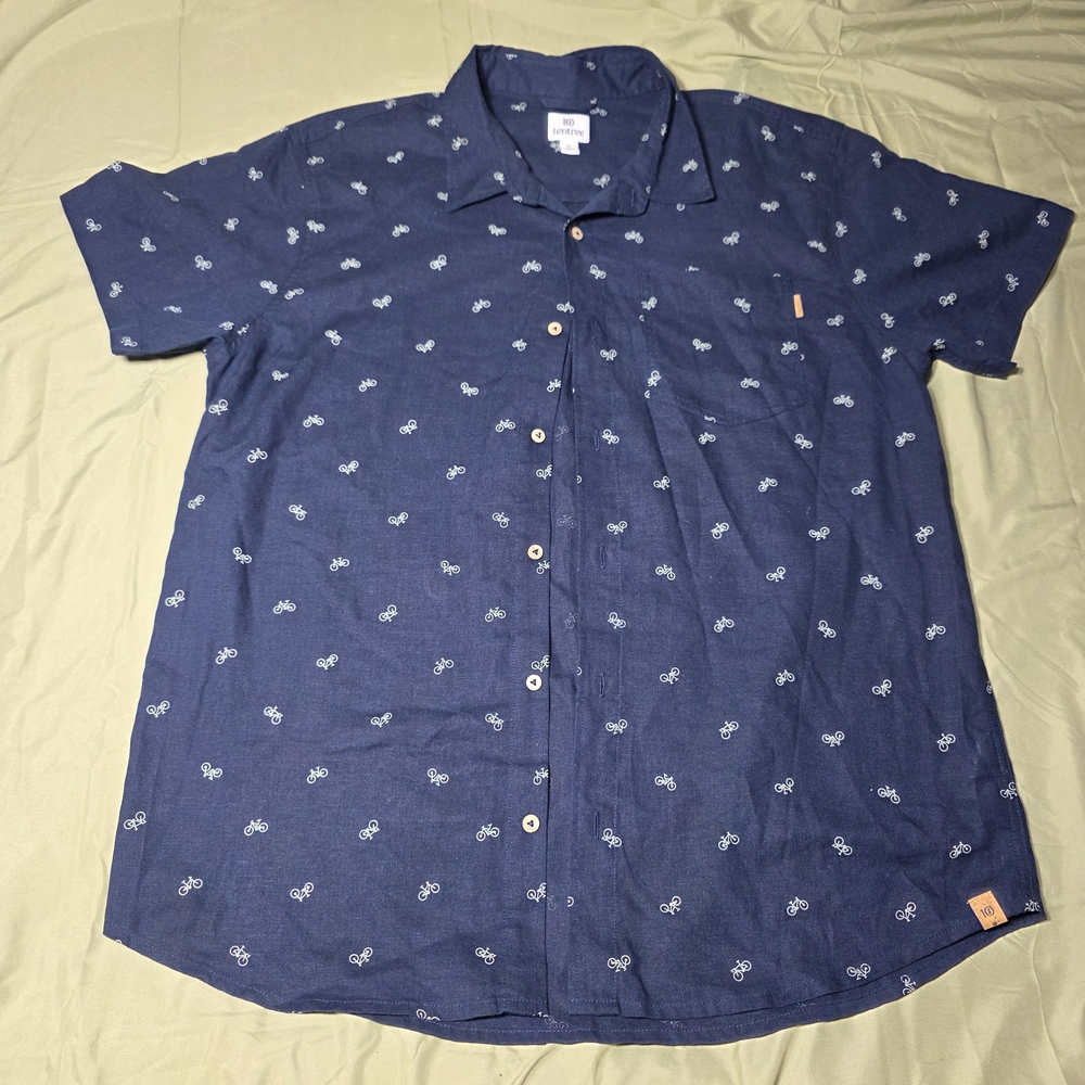 tentree Navy Short Sleeve Button-Up Shirt with White Bike Print
